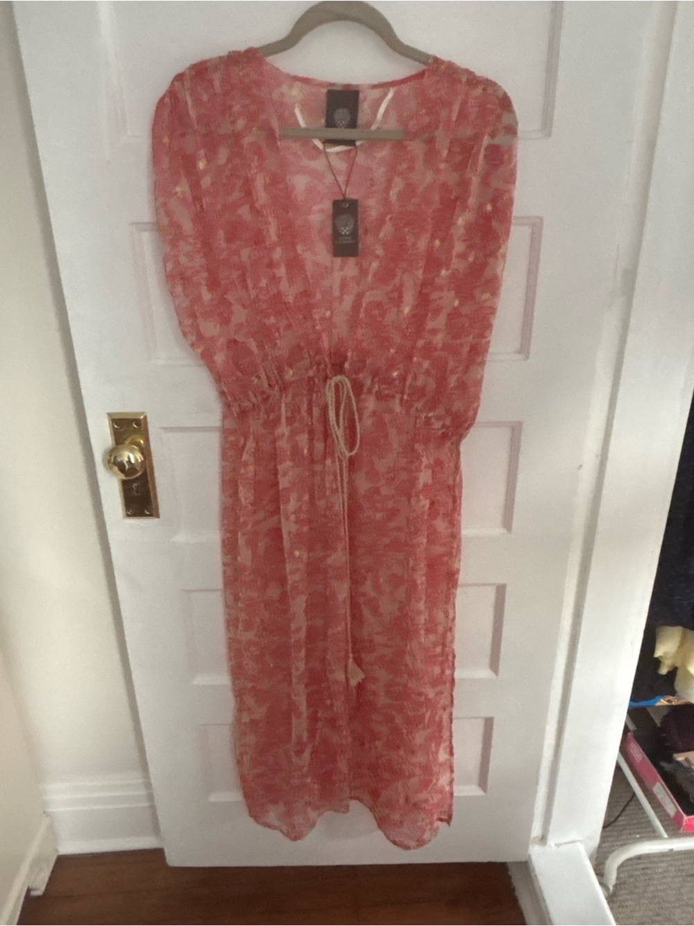 Vince Camuto Coral Print Sheer Maxi Dress with Drawstring